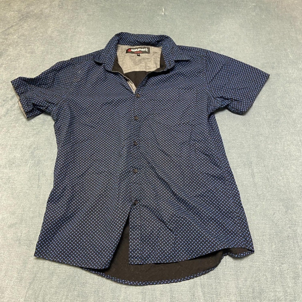 Monument Shirt Mens Medium Black Blue Geometric Micro Print Casual Button Up